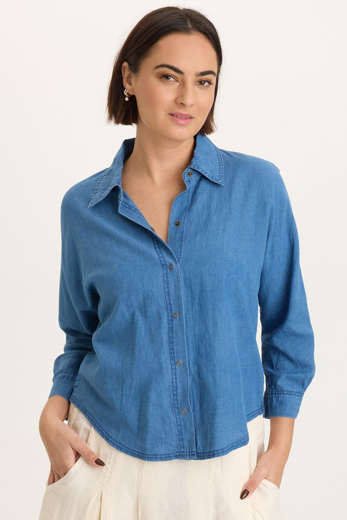 XCVI Abena Indigo Twill Snap-Up Top