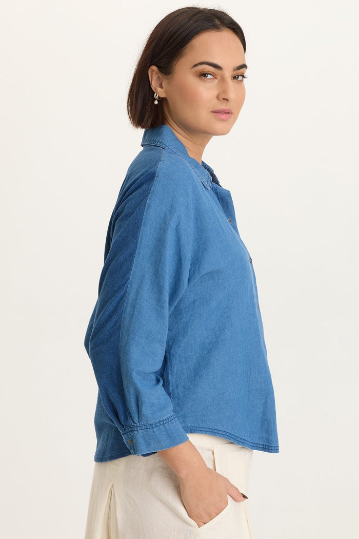 XCVI Abena Indigo Twill Snap-Up Top
