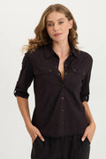 XCVI Arvin Perforated Poplin + Jersey Tabbed 3/4-Sleeve Snap-Up Top