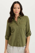 XCVI Arvin Perforated Poplin + Jersey Tabbed 3/4-Sleeve Snap-Up Top