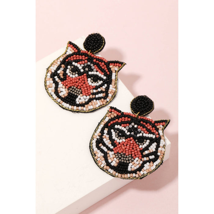Beaded Tiger Face Dangle Earrings: TI