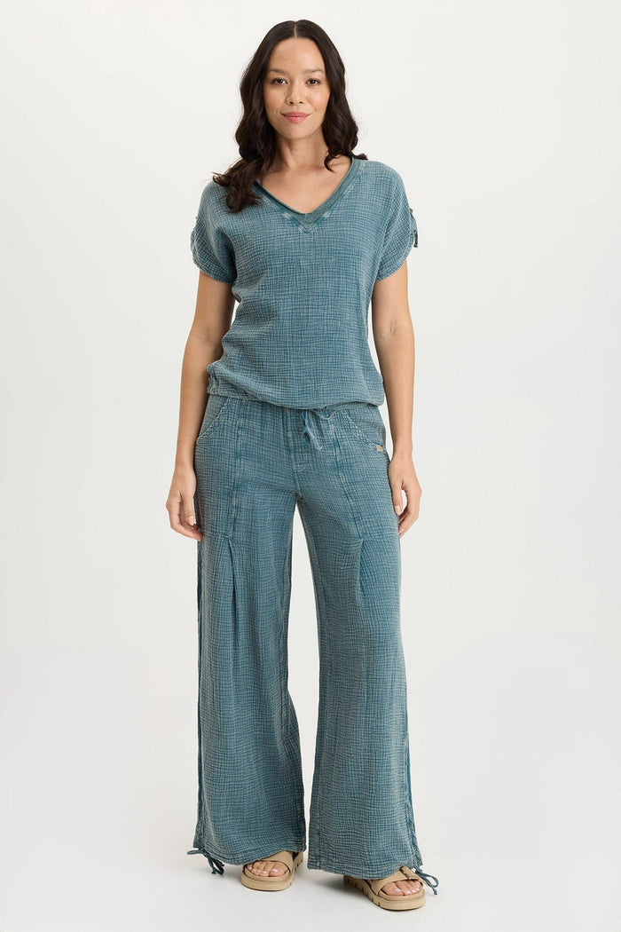 XCVI Bower Gauze/Jersey Tabbed-Sleeve Bubble-Hem V-Neck Tee