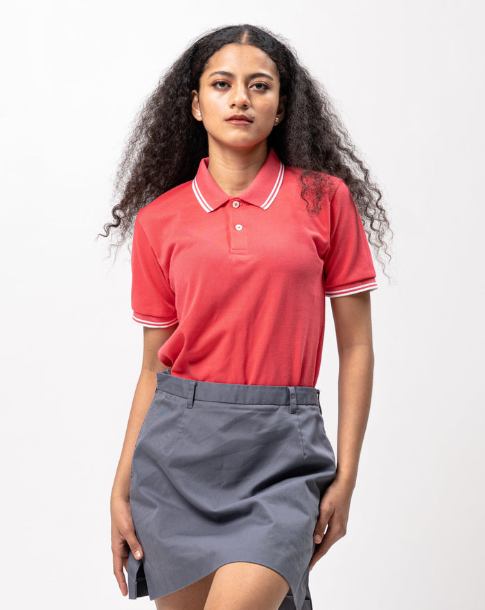 Coral Pink with Stripes Classique Plain Women's Polo Shirt