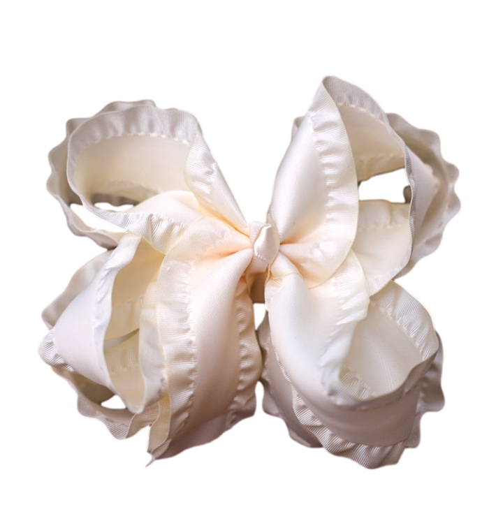 Cream Double Ruffle Hair Bow : Alligator Clip / 4 inch