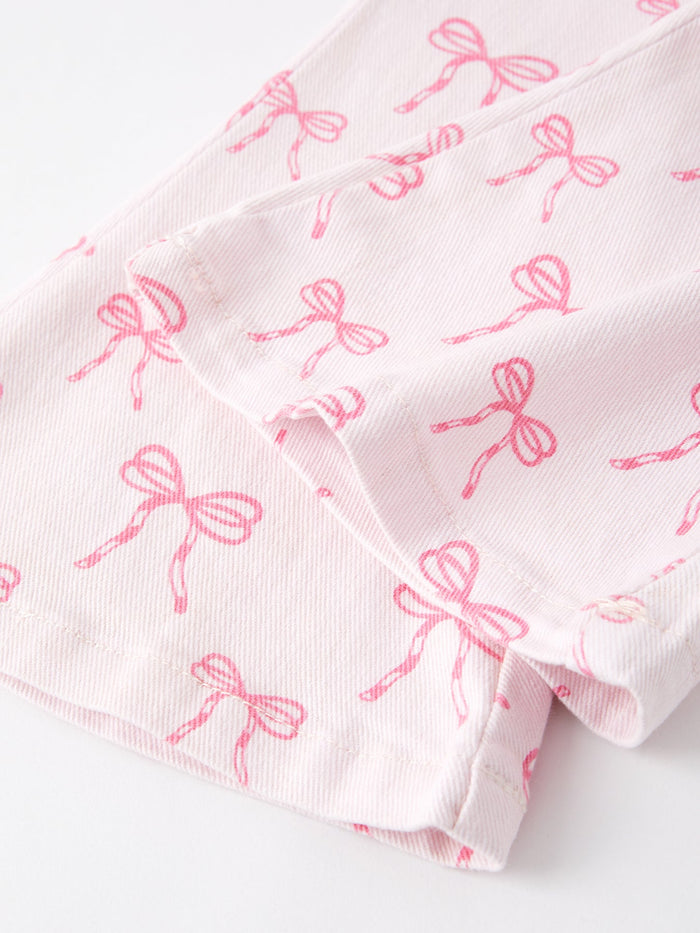 Fall Girls Pink Bow Print Elastic Flared Jeans Denim pant