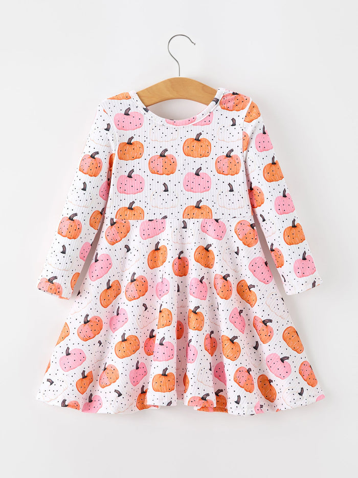 Fall Pumpkin Print Girls Twirl Dress Long Sleeve