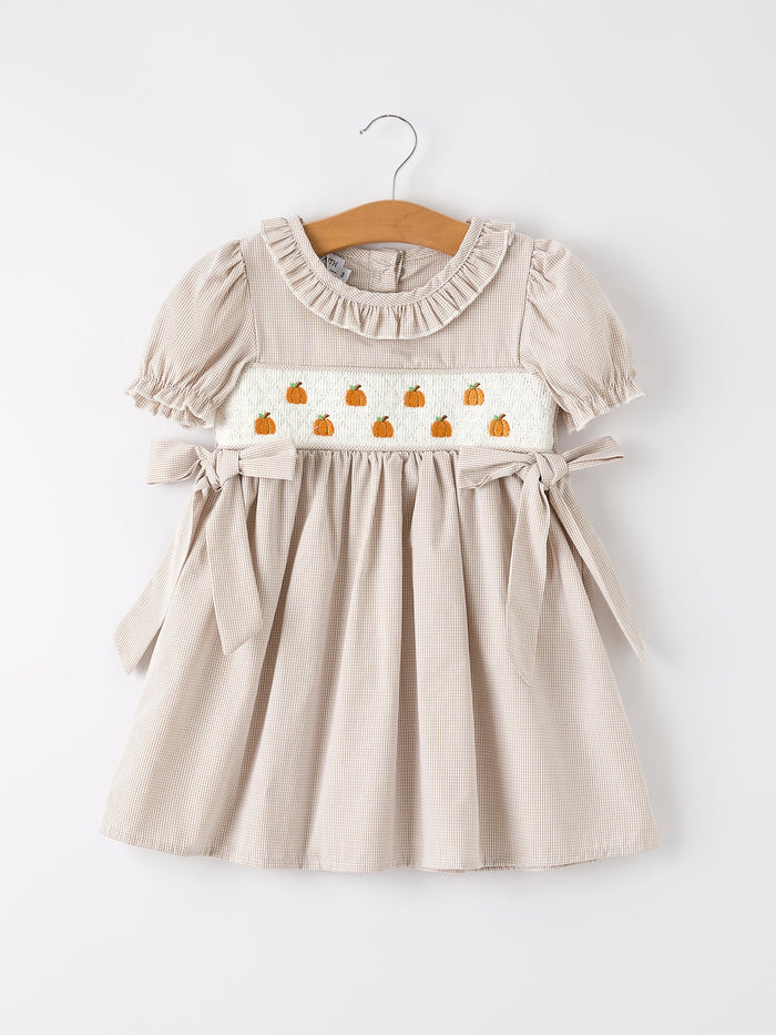 Fall Thanksgiving Pumpkin Embroidery Smock Plaid Girls Dress