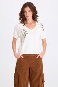 XCVI Hanno Embroidered Twill V-Neck Top