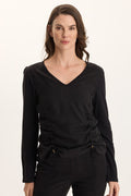 XCVI Ketti Long Sleeve Twill/Jersey Ruched V-Neck