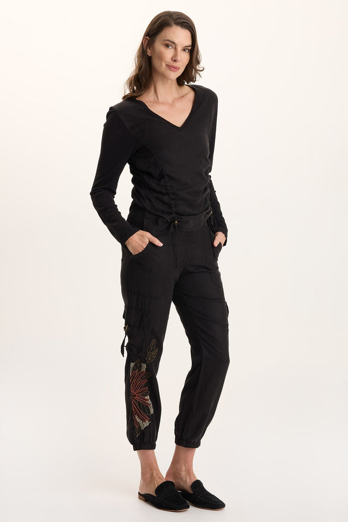 XCVI Ketti Long Sleeve Twill/Jersey Ruched V-Neck