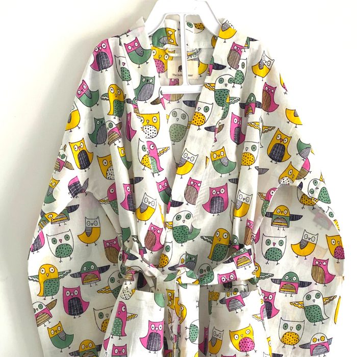 Kids Unisex Robe - Cotton Hand Block Print Fabric - Quirky Owl