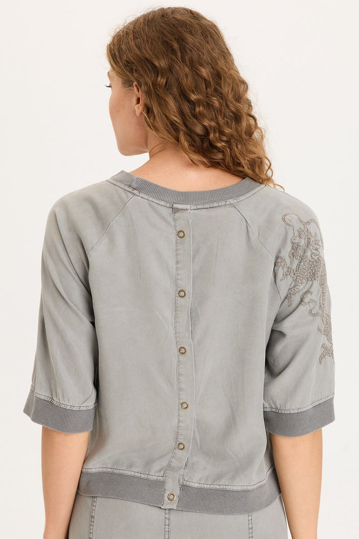 XCVI Linton Embroidered Twill/Rib Snap-Up Back Top