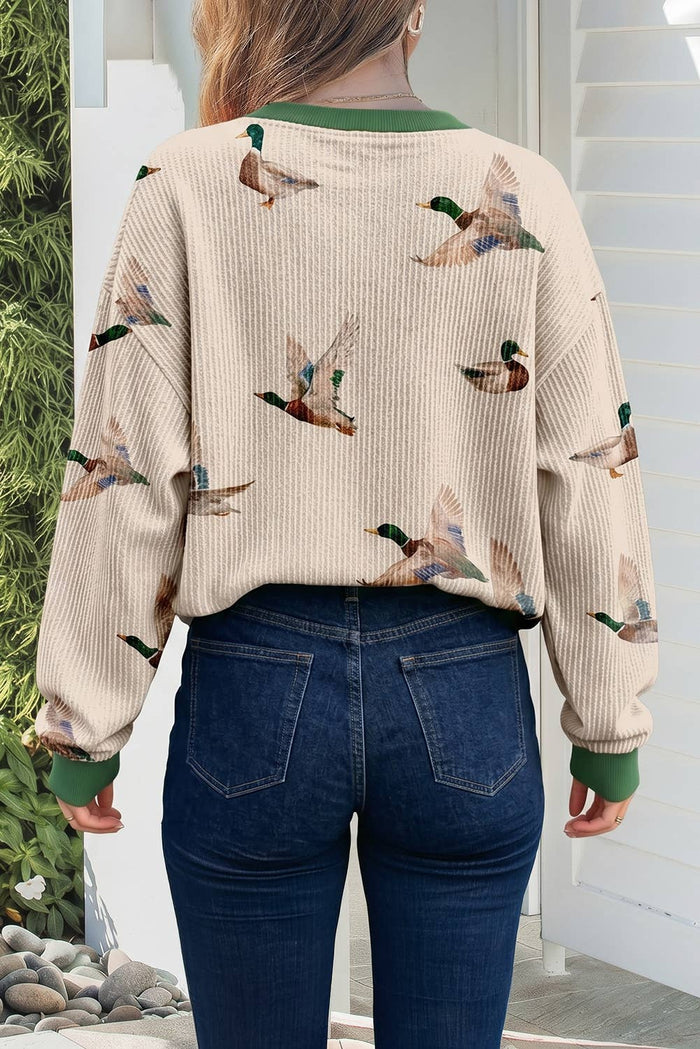 Mallard Duck Print Ribbed Casual Pullover