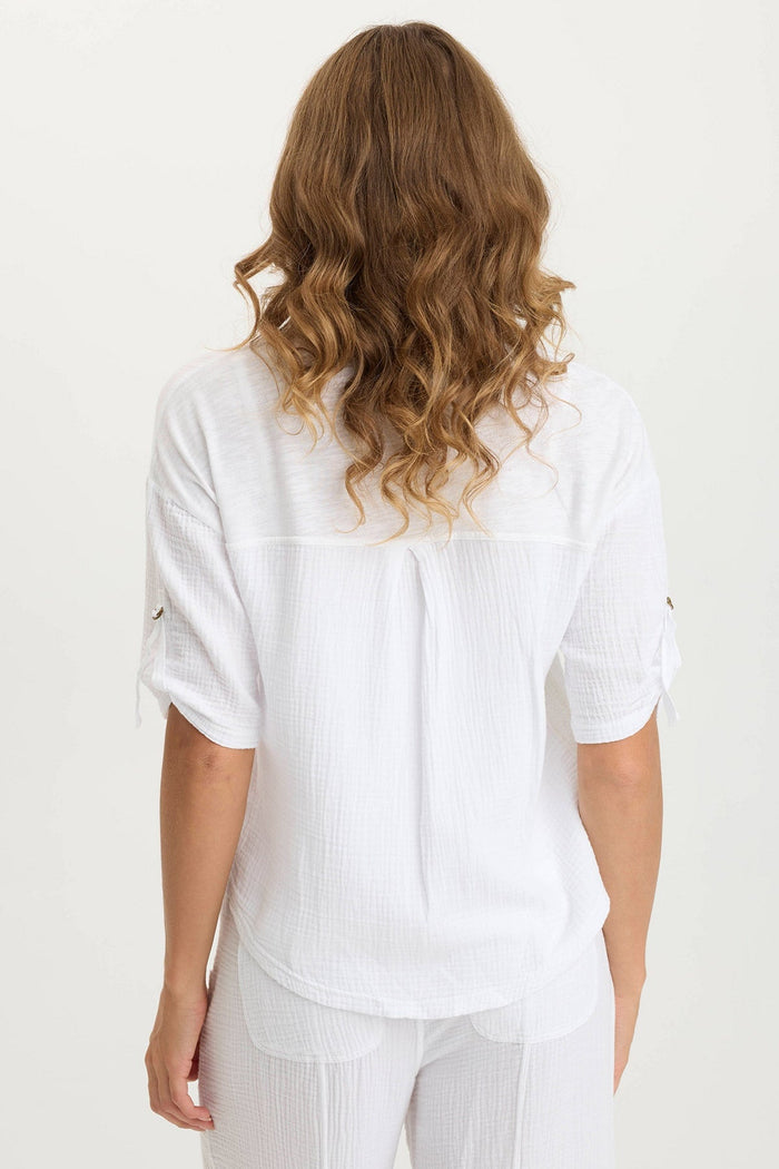 XCVI Maurise Gauze/Jersey Tabbed-Sleeve Snap-Up Top
