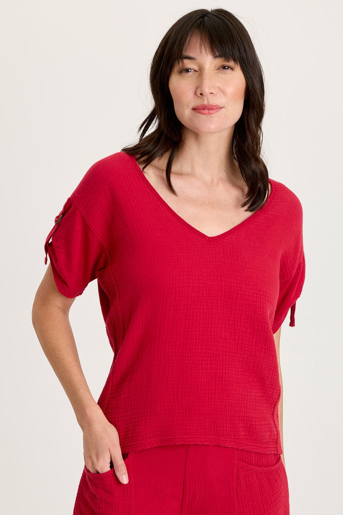 XCVI Milani Gauze Lace Trim V-Neck Top