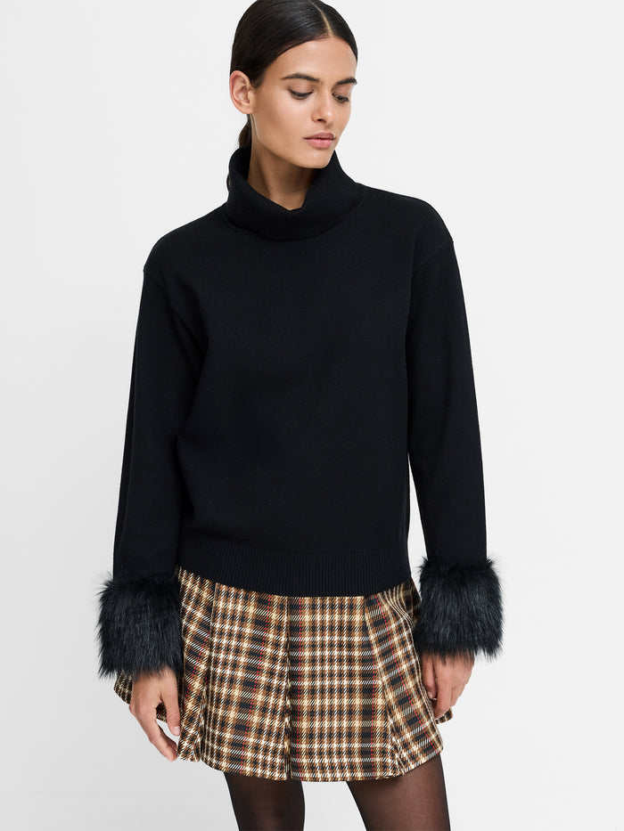 Moana Black Faux Fur Cuff Roll Neck Jumper