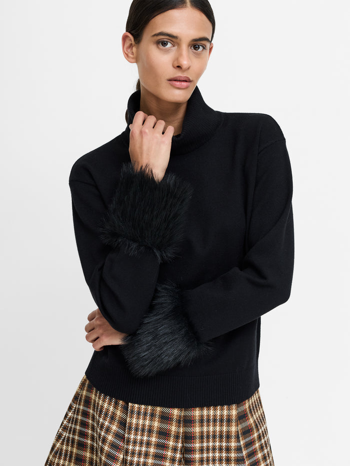 Moana Black Faux Fur Cuff Roll Neck Jumper
