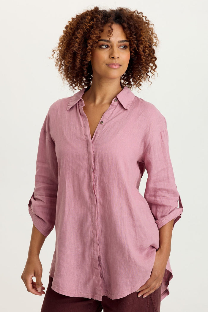 XCVI Moira Linen Hi-Lo Button-Up Top