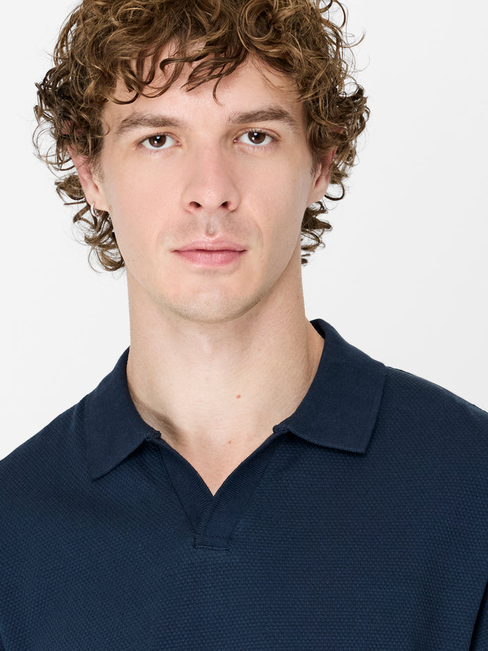 Navy Popcorn Textured Long Sleeve Polo Shirt