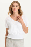 XCVI Oko Linen/Jersey Cinched Hem Top