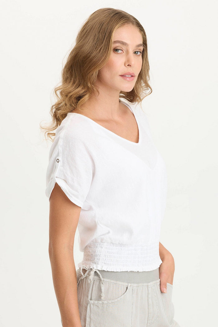 XCVI Oko Linen/Jersey Cinched Hem Top