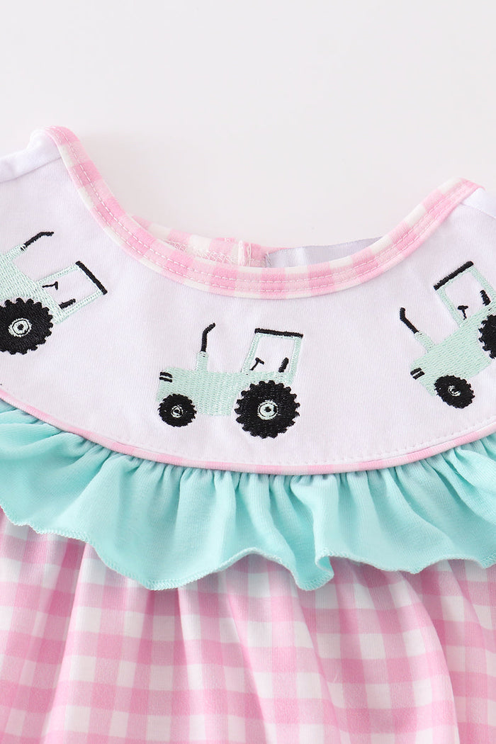 Pink tractor embroidery plaid girl bubble