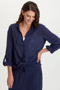 Wearables Porter Gauze Curved Hem Button-Up Top