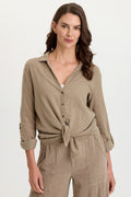 Wearables Porter Gauze Curved Hem Button-Up Top