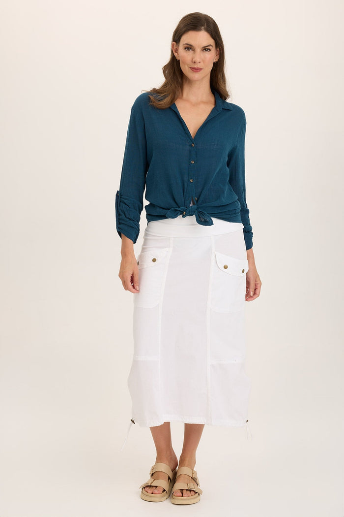 Wearables Porter Gauze Curved Hem Button-Up Top