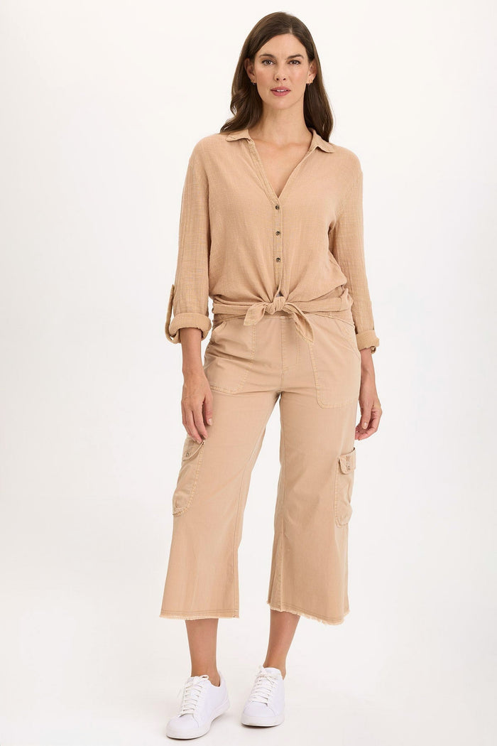 Wearables Porter Gauze Curved Hem Button-Up Top