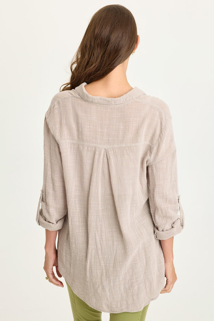 Wearables Porter Gauze Curved Hem Button-Up Top