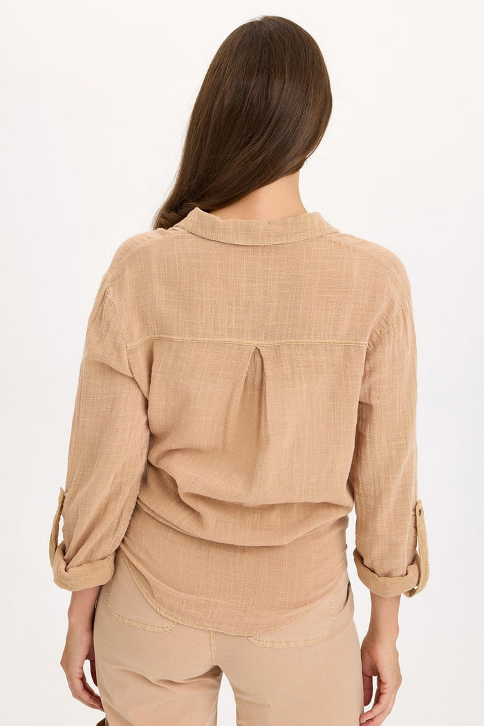 Wearables Porter Gauze Curved Hem Button-Up Top