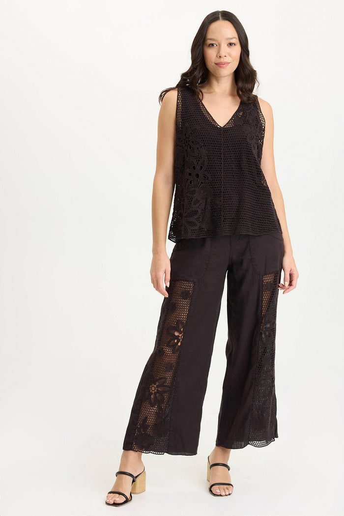 XCVI Rokel Linen/Crochet Ruched Wide Leg Pant