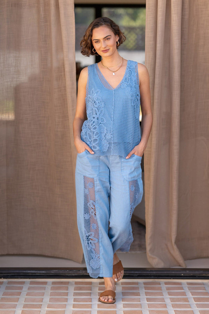 XCVI Rokel Linen/Crochet Ruched Wide Leg Pant