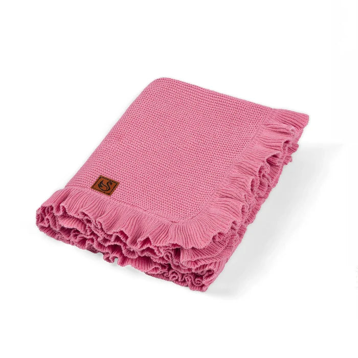 Ruffled Edge Knit Baby Blanket in Rose Pink