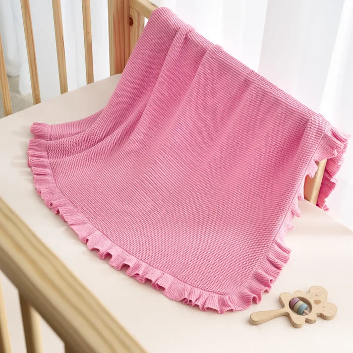 Ruffled Edge Knit Baby Blanket in Rose Pink