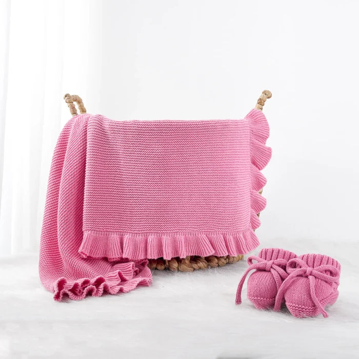 Ruffled Edge Knit Baby Blanket in Rose Pink