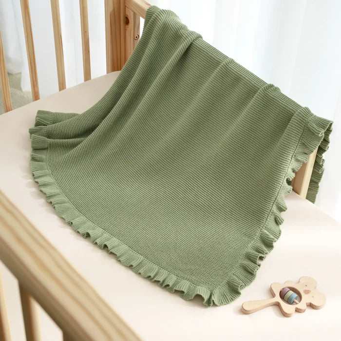 Ruffled Edge Knit Baby Blanket in Sage Green