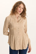 XCVI Senneca Textured Satin Shirred Peplum Button-Up Blouse