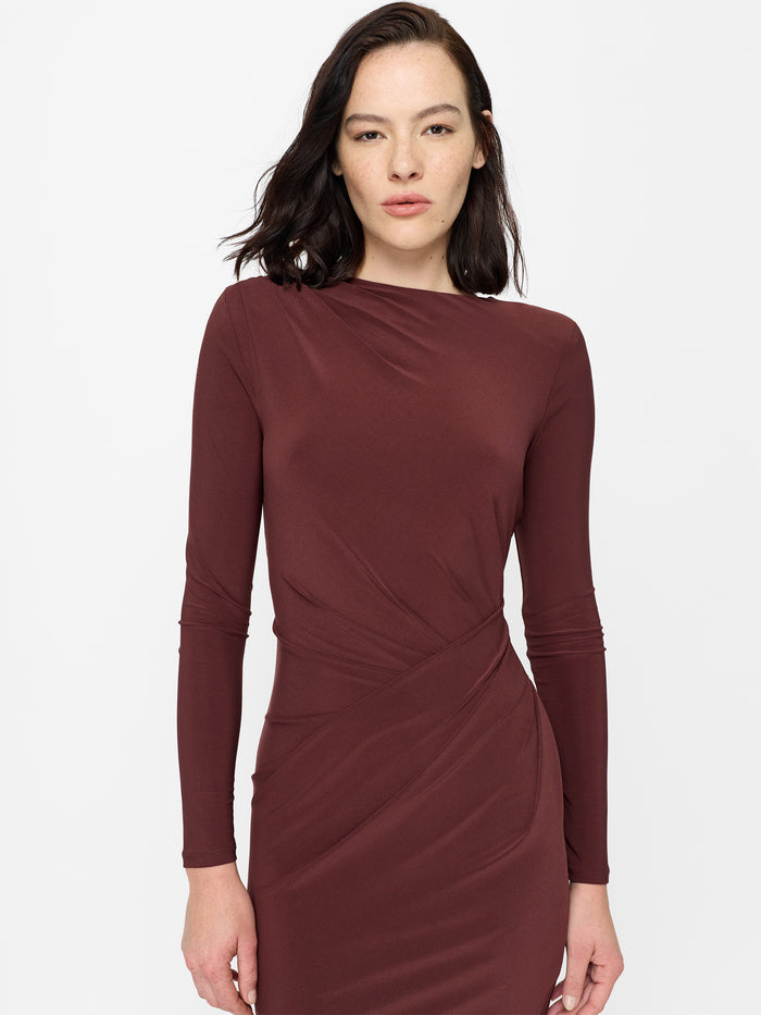 Slinky Burgundy Jersey Draped Long Sleeve Midi Dress