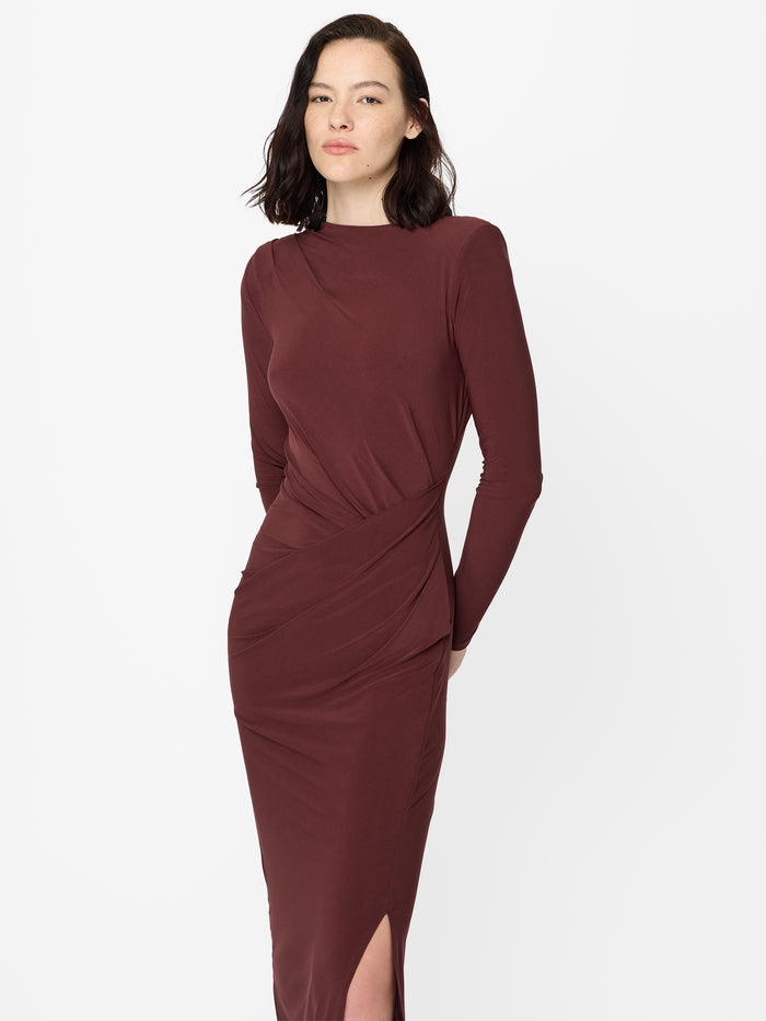 Slinky Burgundy Jersey Draped Long Sleeve Midi Dress