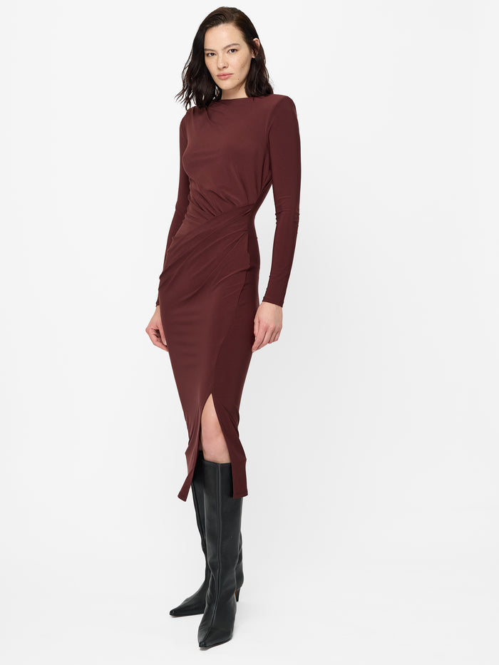 Slinky Burgundy Jersey Draped Long Sleeve Midi Dress