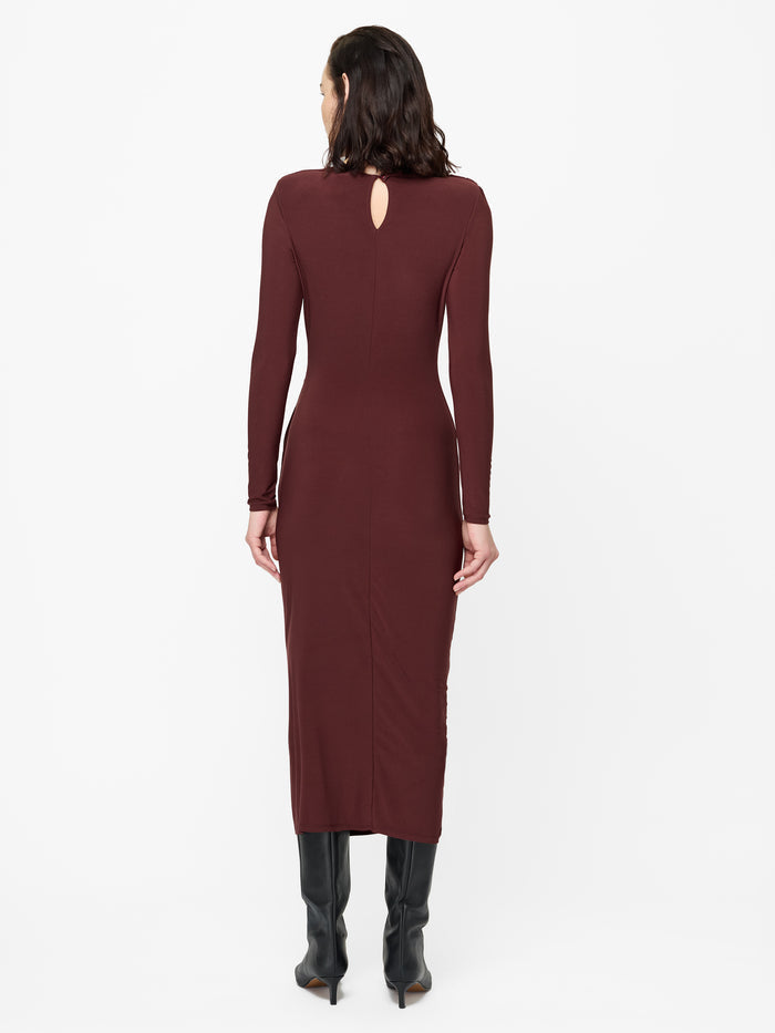 Slinky Burgundy Jersey Draped Long Sleeve Midi Dress