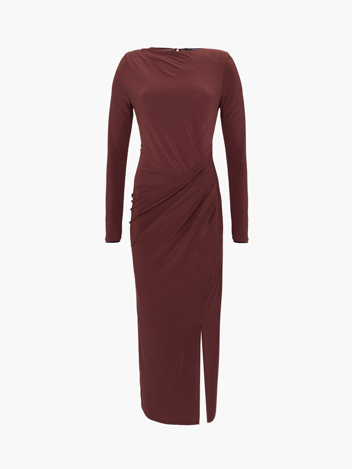 Slinky Burgundy Jersey Draped Long Sleeve Midi Dress