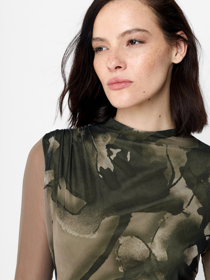 Smokey Khaki Green Floral Mesh Mini Dress