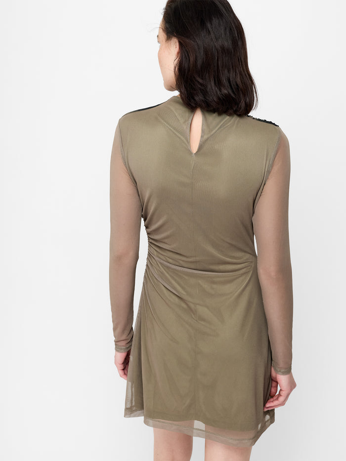 Smokey Khaki Green Floral Mesh Mini Dress