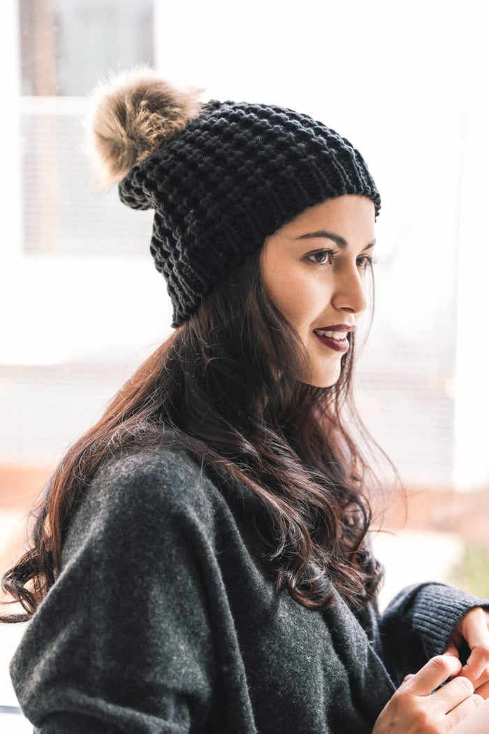 Textured Beanie With Pom Pom