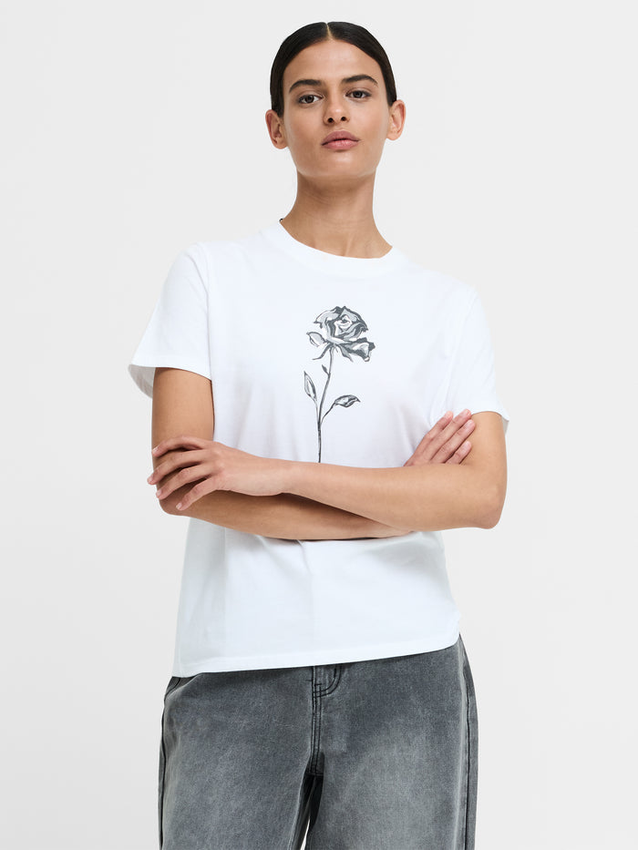 White Cotton Jersey Rose Print T-Shirt