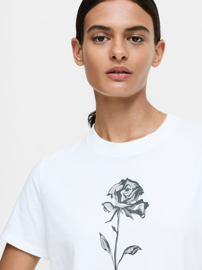 White Cotton Jersey Rose Print T-Shirt