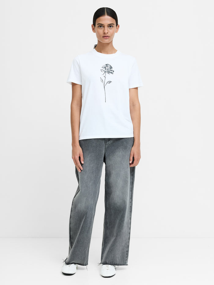 White Cotton Jersey Rose Print T-Shirt